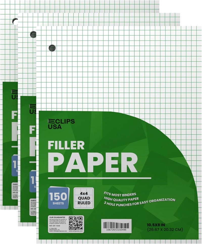 VEEBOOST Graph Paper Loose Leaf Paper Quad Ruled Notebook Paper Quad Ruled 4” x 4” Square Lined Writing Filler Paper 10.5” x 8” 450 Sheets 150 Sheets Per Pack 60 gsm (3 Pack) - Image 1